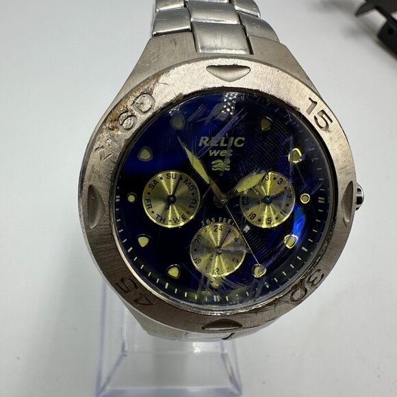 3/$30 Relic Watch Men Silver Tone Blue Day Date Multi Dial 39MM New Battery - Picture 3 of 15